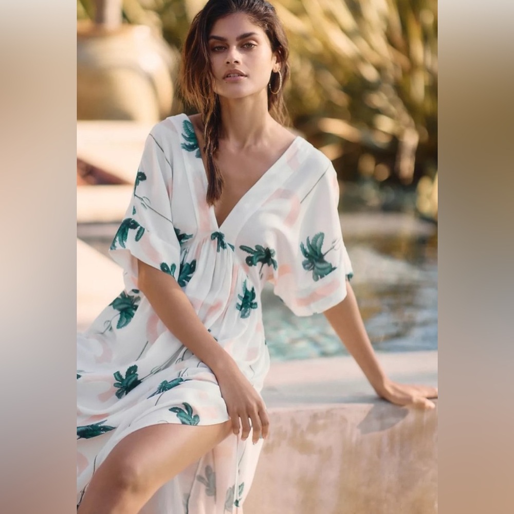 White Maxi Dress with Green Palm Print V-Neck